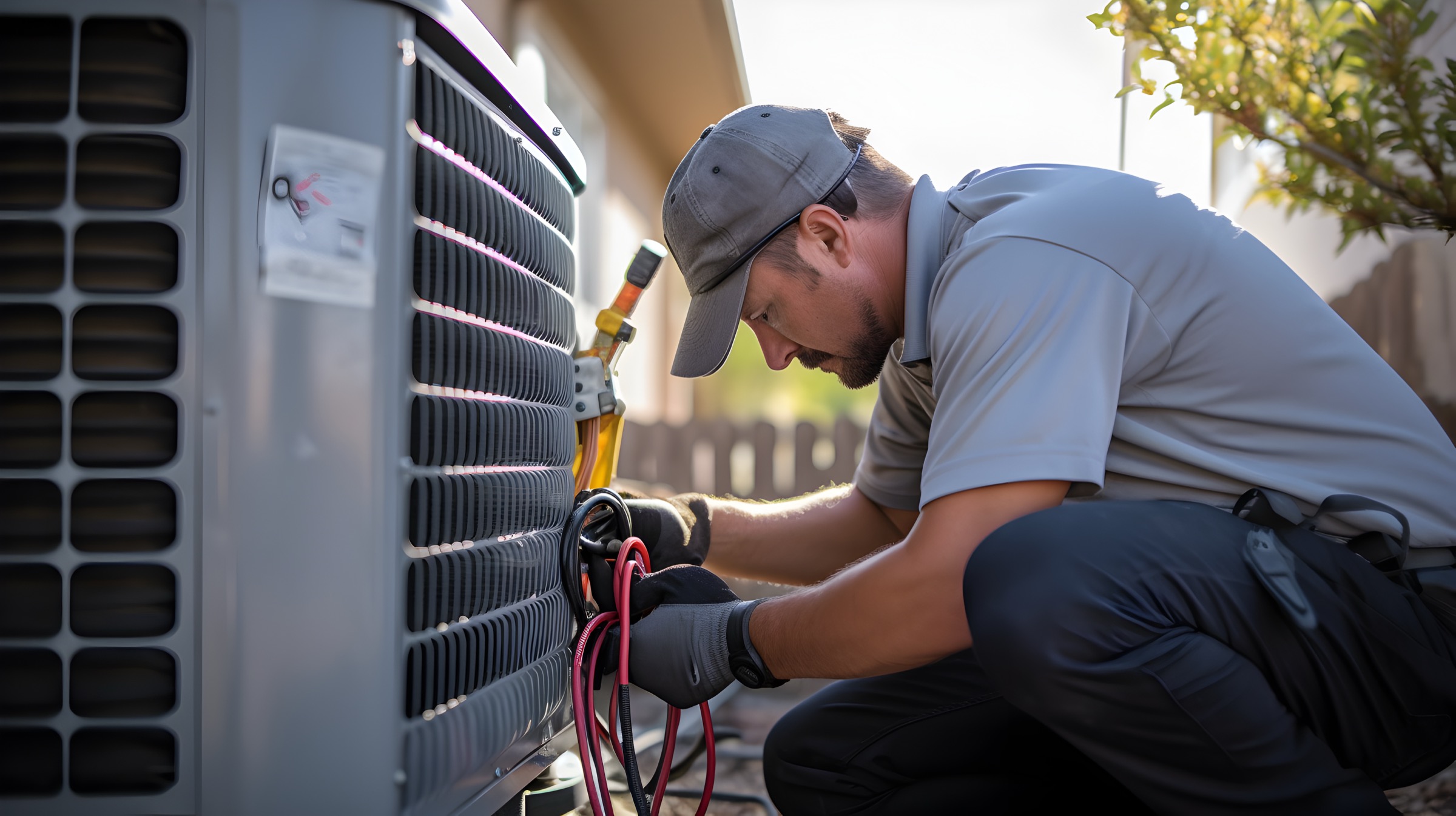 Technician repairing an outdoor air conditioning condenser